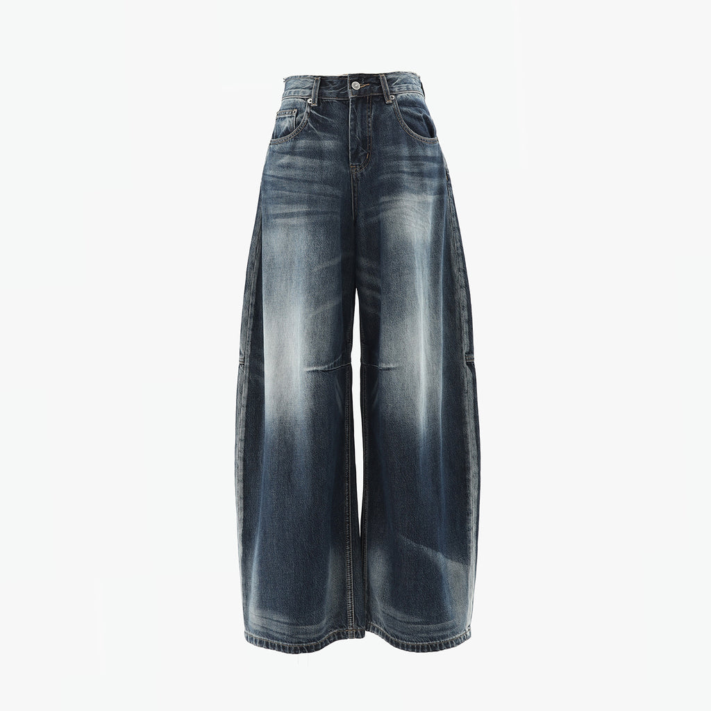 Women's Wide-Leg Jeans Washed Blue Pear-Shaped Slant Pants