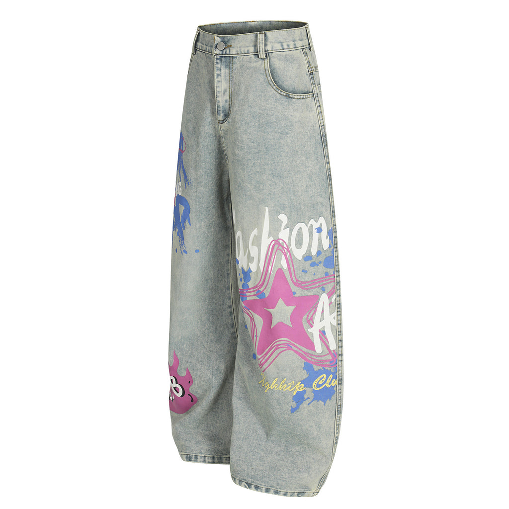 Casual Letter Print Straight Cut Jeans Denim Pants