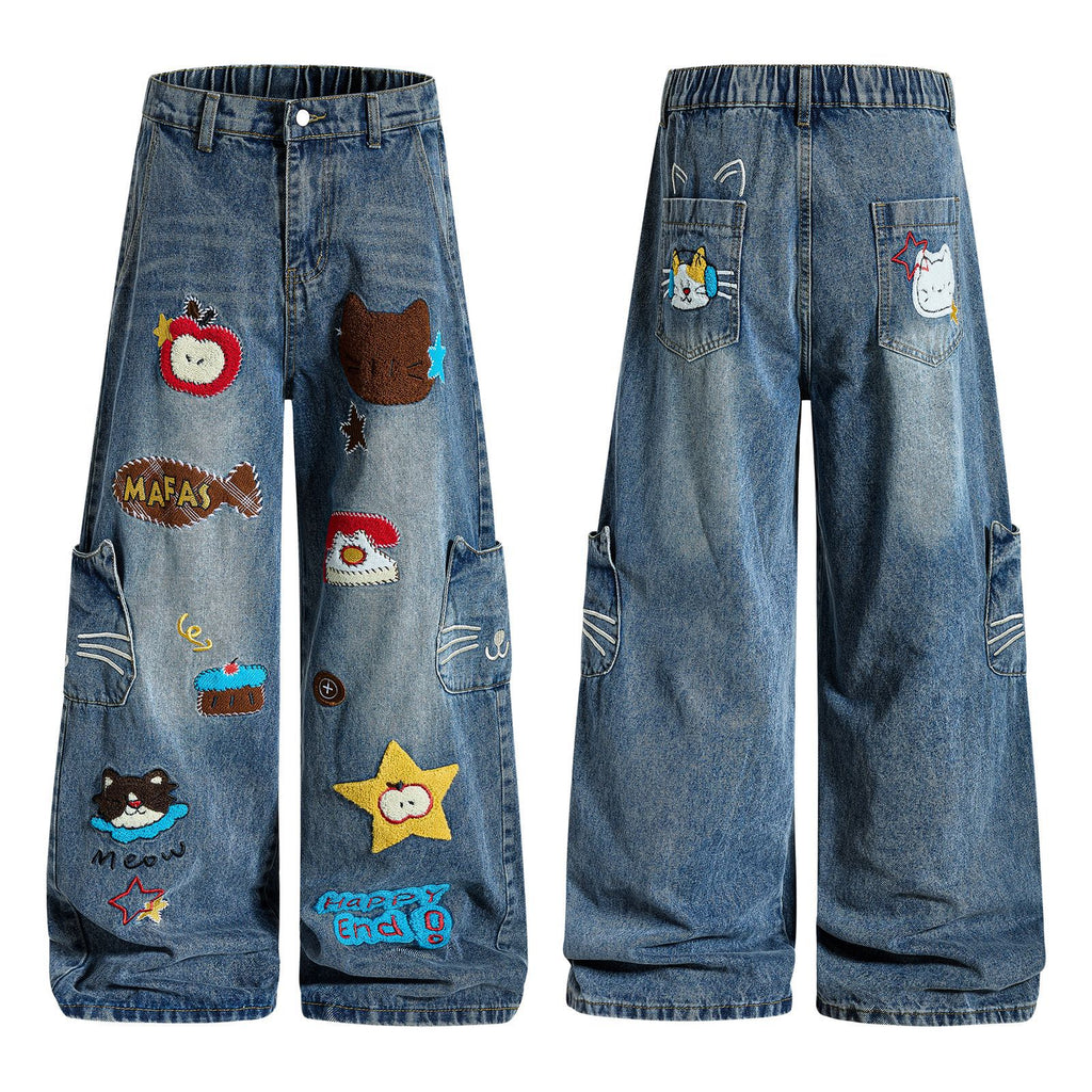 Fun Cartoon Washed Multi-Pocket Design Wide-Leg Jeans