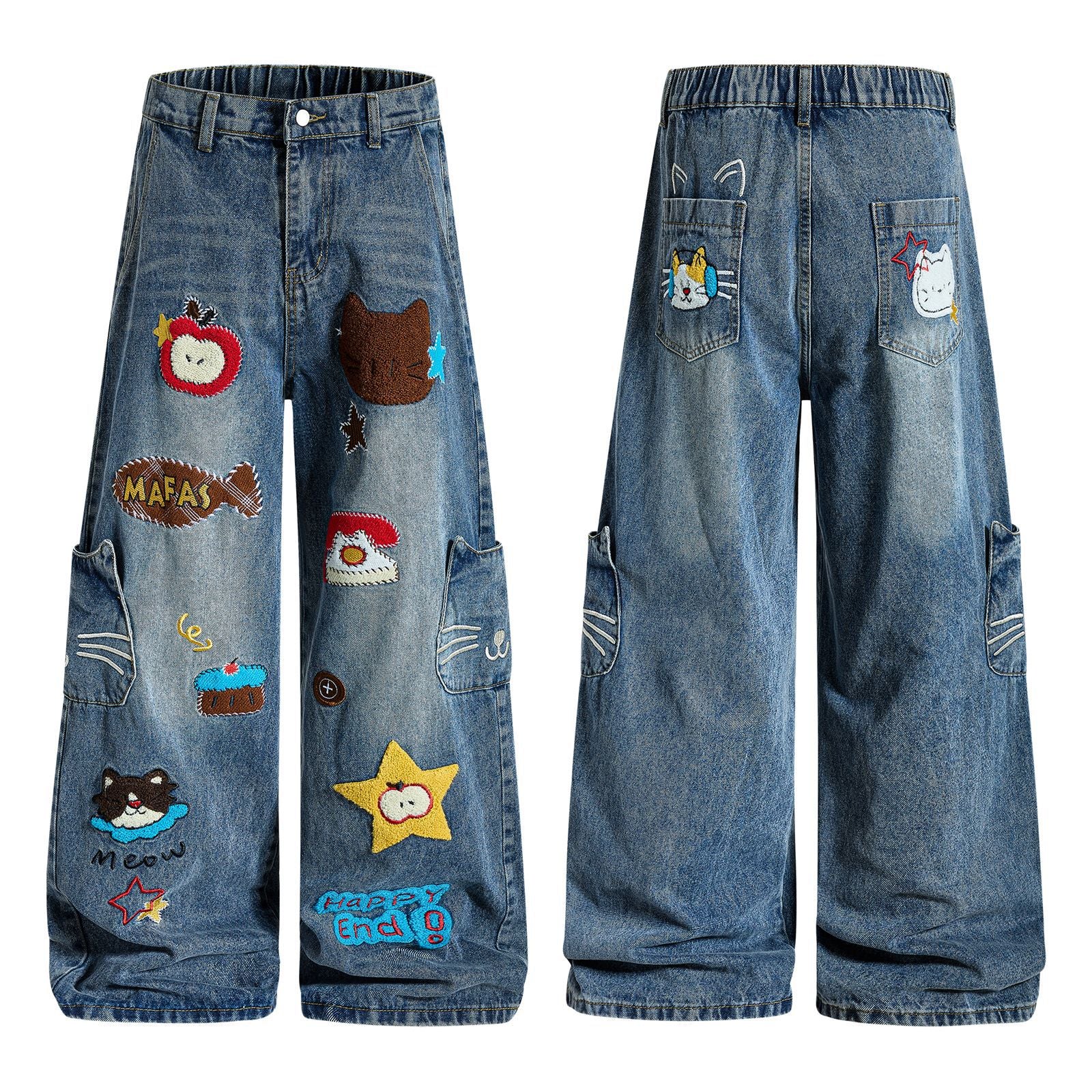 Fun Cartoon Washed Multi-Pocket Design Wide-Leg Jeans
