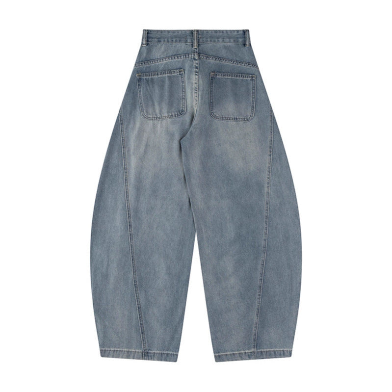 Deconstructing colored button bending knife denim jeans washed with water
