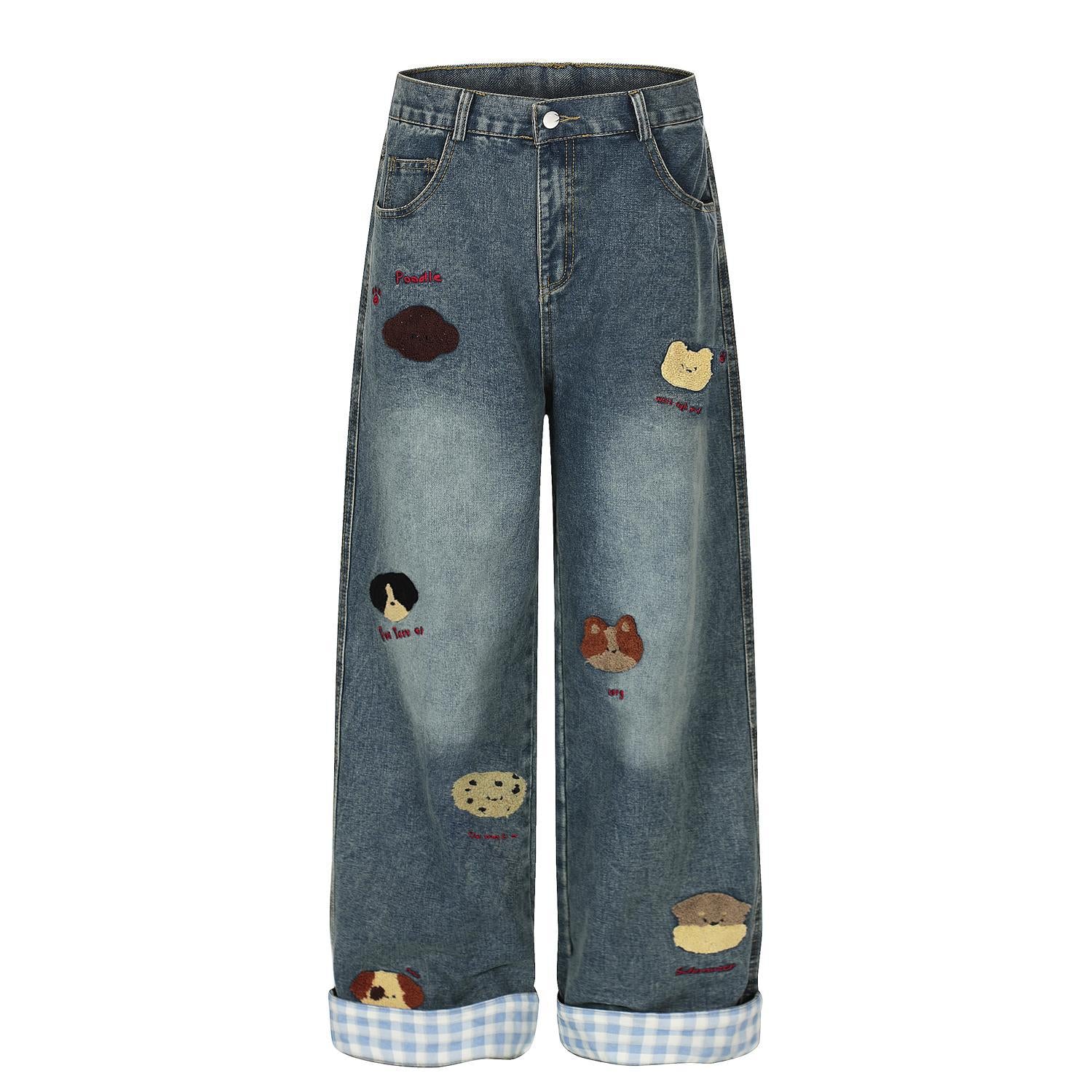 Washed vintage puppy embroidered lazy jeans
