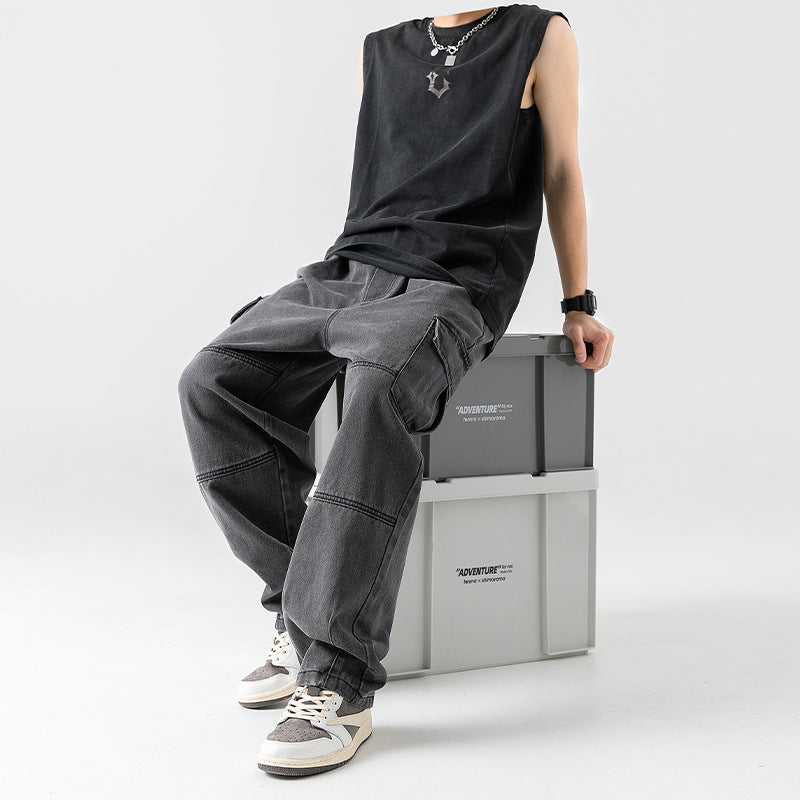 Men's double three-dimensional pocket jeans