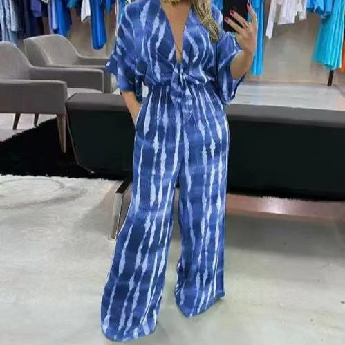 Style Printed Five-Quarter Sleeve V-Neck One-Piece Jumpsuit