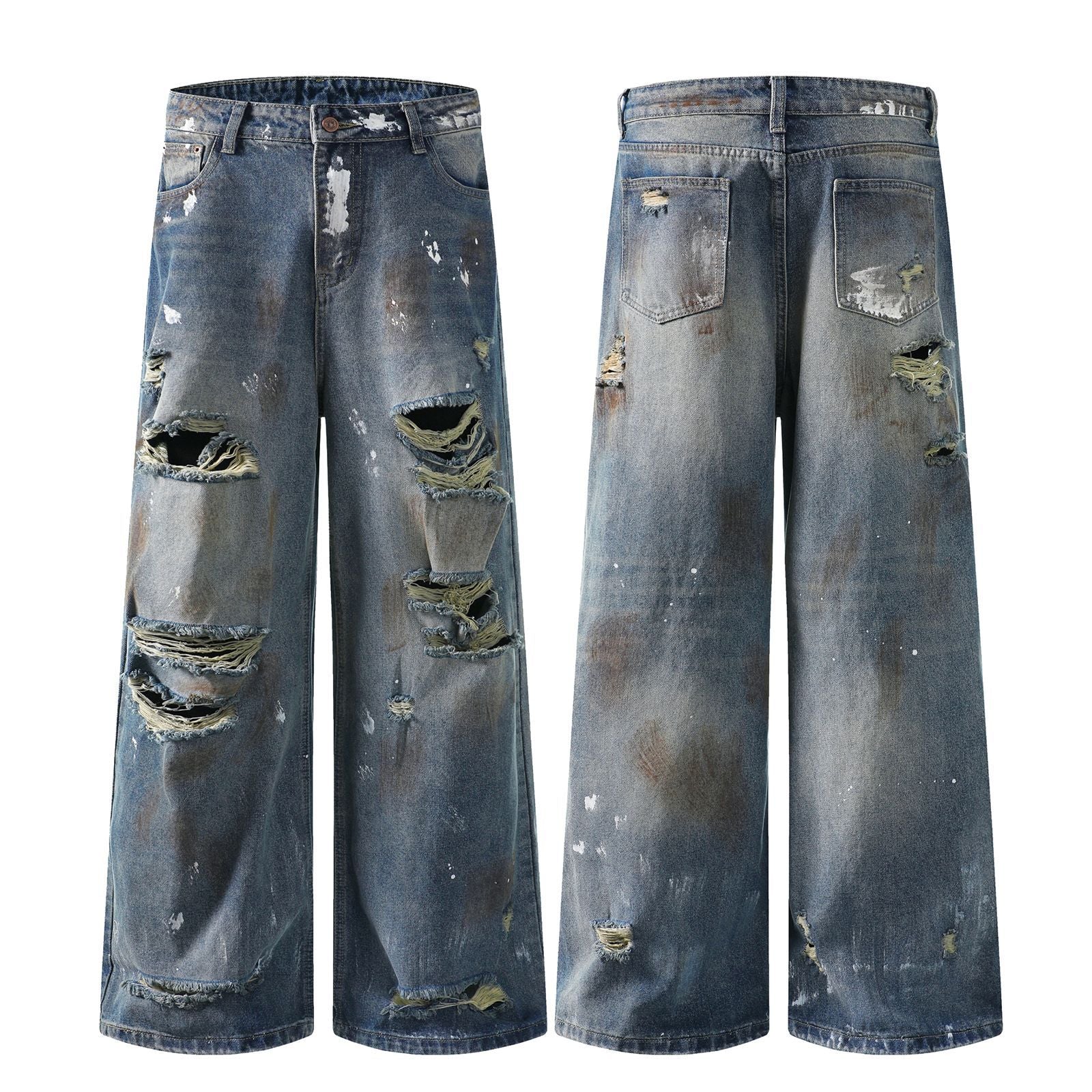 Mud stained denim jeans with holes