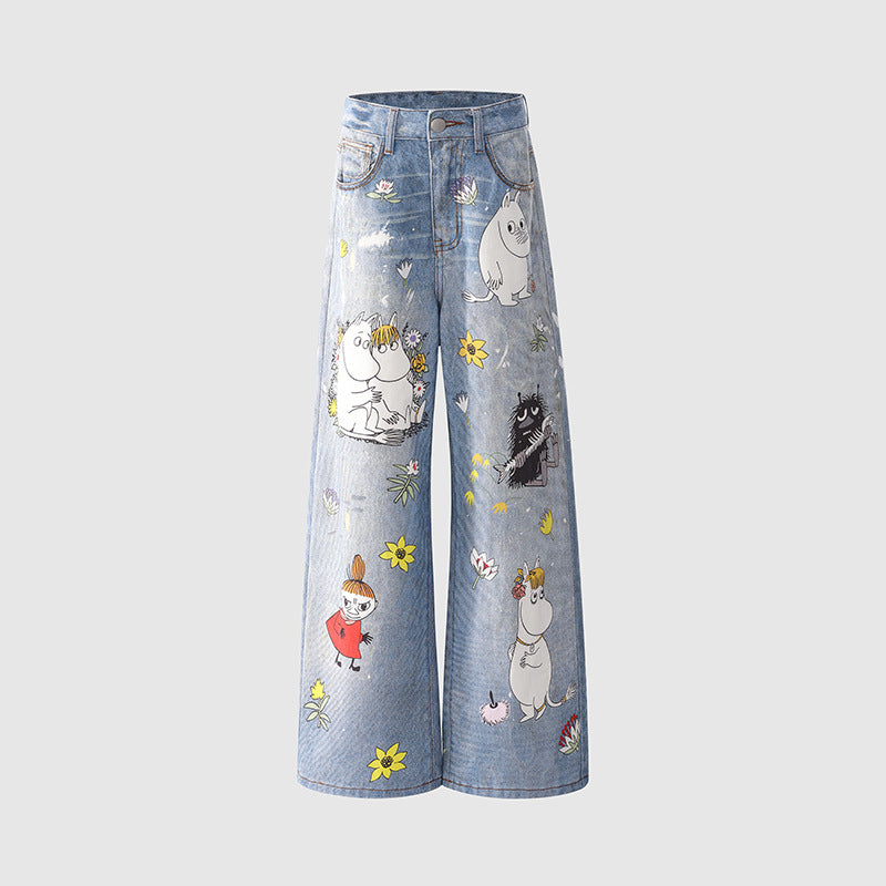 Women's Cartoon Wide-Leg Jeans Unique Design Loose Straight Pants