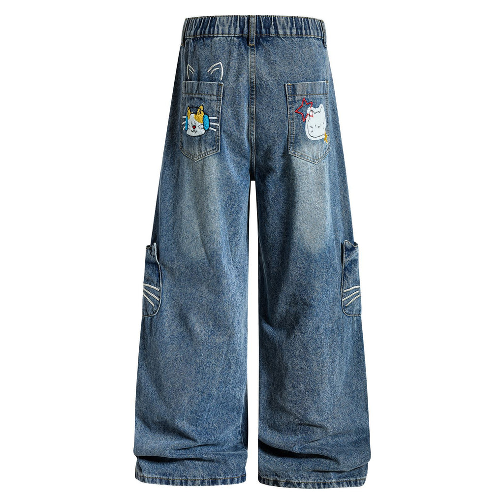 Fun Cartoon Washed Multi-Pocket Design Wide-Leg Jeans