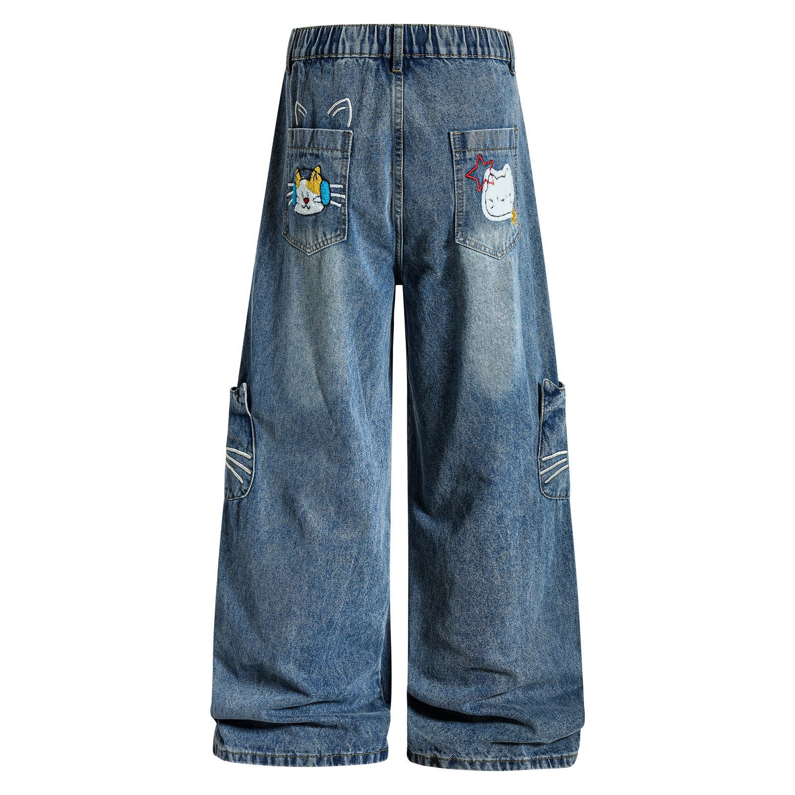 Fun Cartoon Washed Multi-Pocket Design Wide-Leg Jeans