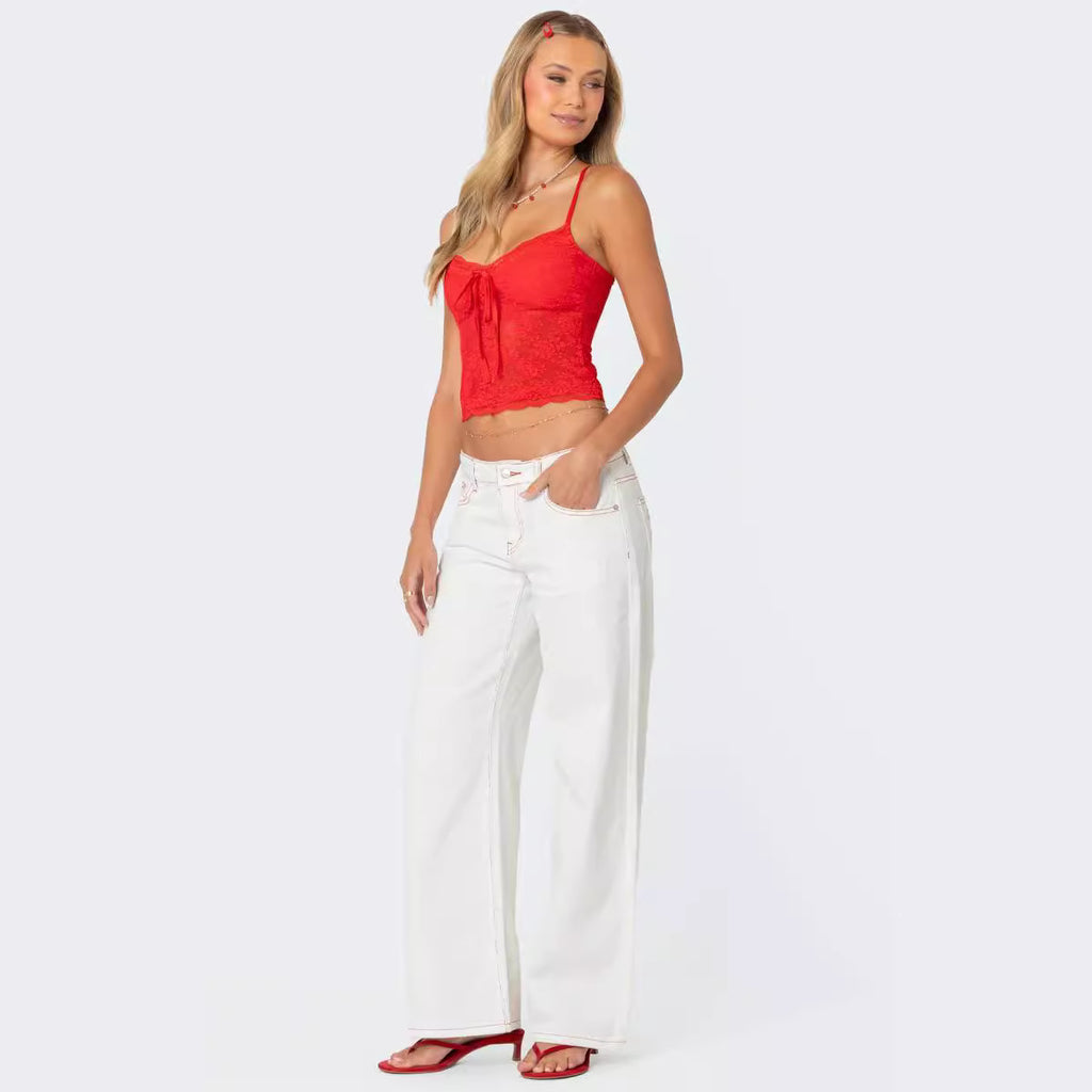 Denim bow strawberry patch straight leg low waist loose jeans