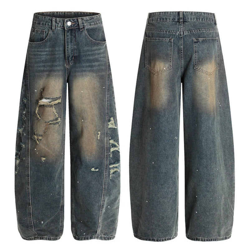 Washed distressed wide leg jeans