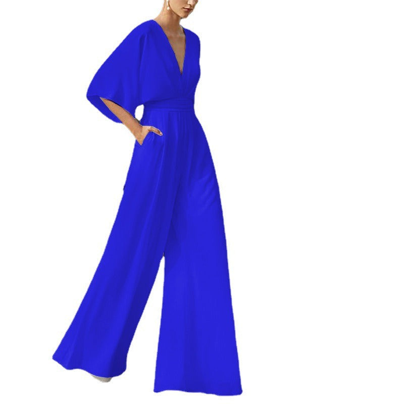 Jumpsuit deep V-high waist wide leg long pants women's dress
