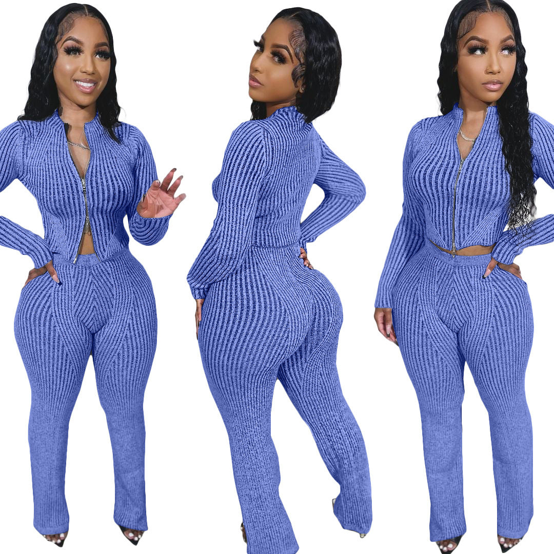 Fashionable Casual Women's Knit Sweater with Two-Way Zipper Urban  Autumn/Winter Outfit Set