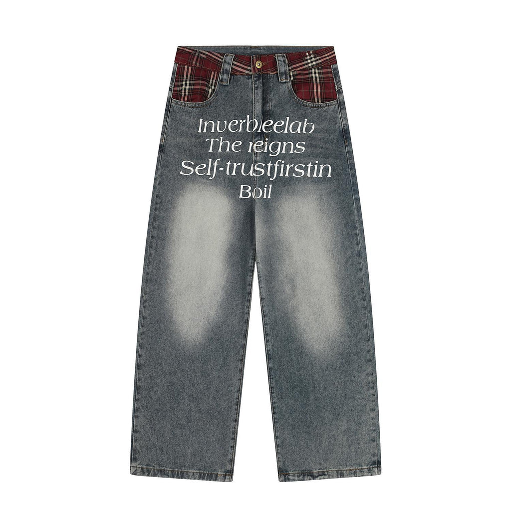 Vintage checkered patchwork letter printed jeans
