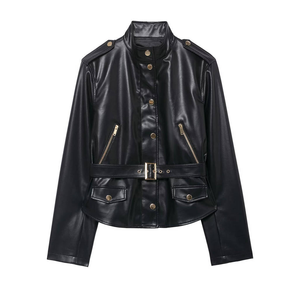 Imitation leather jacket+flared pants women's clothing