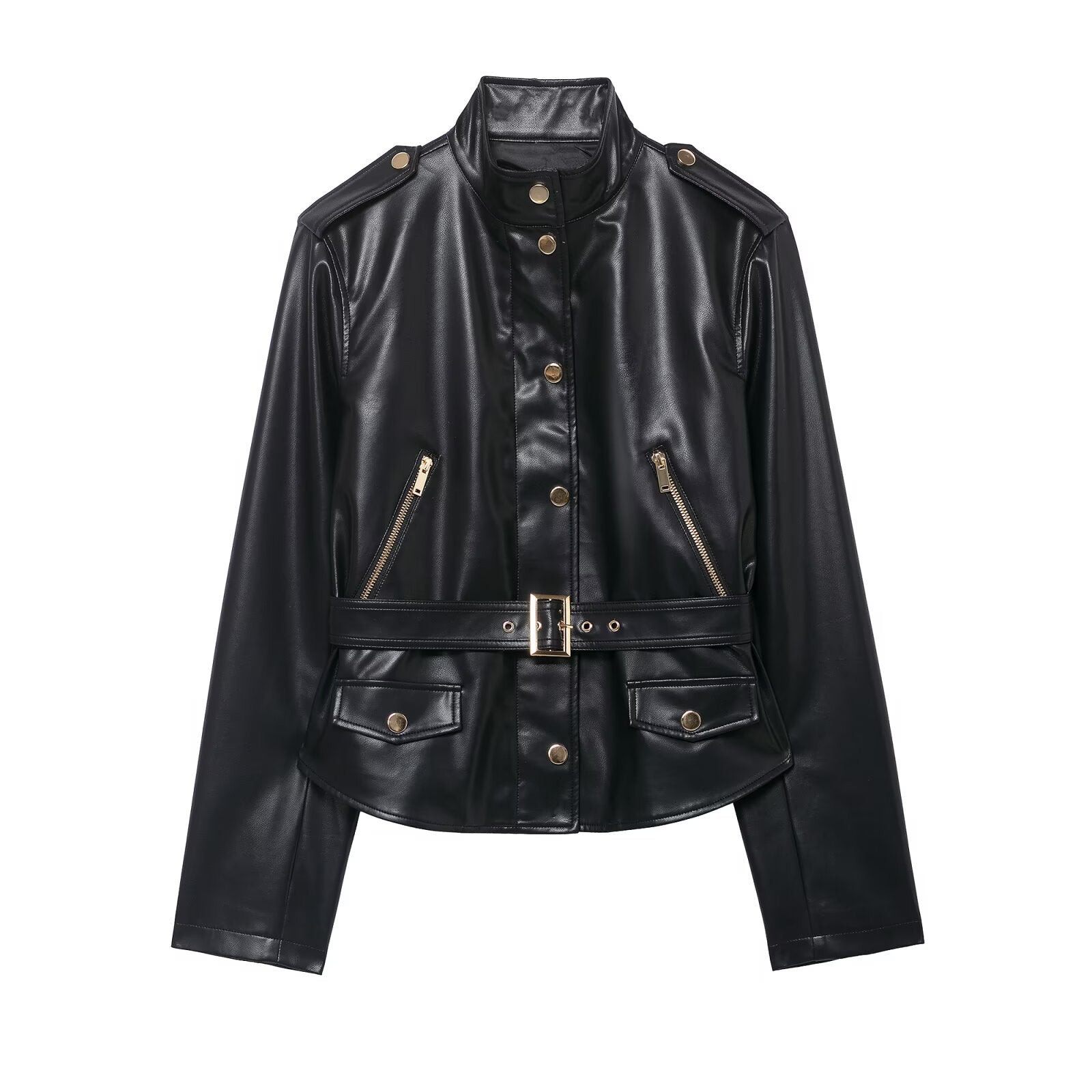Imitation leather jacket+flared pants women's clothing