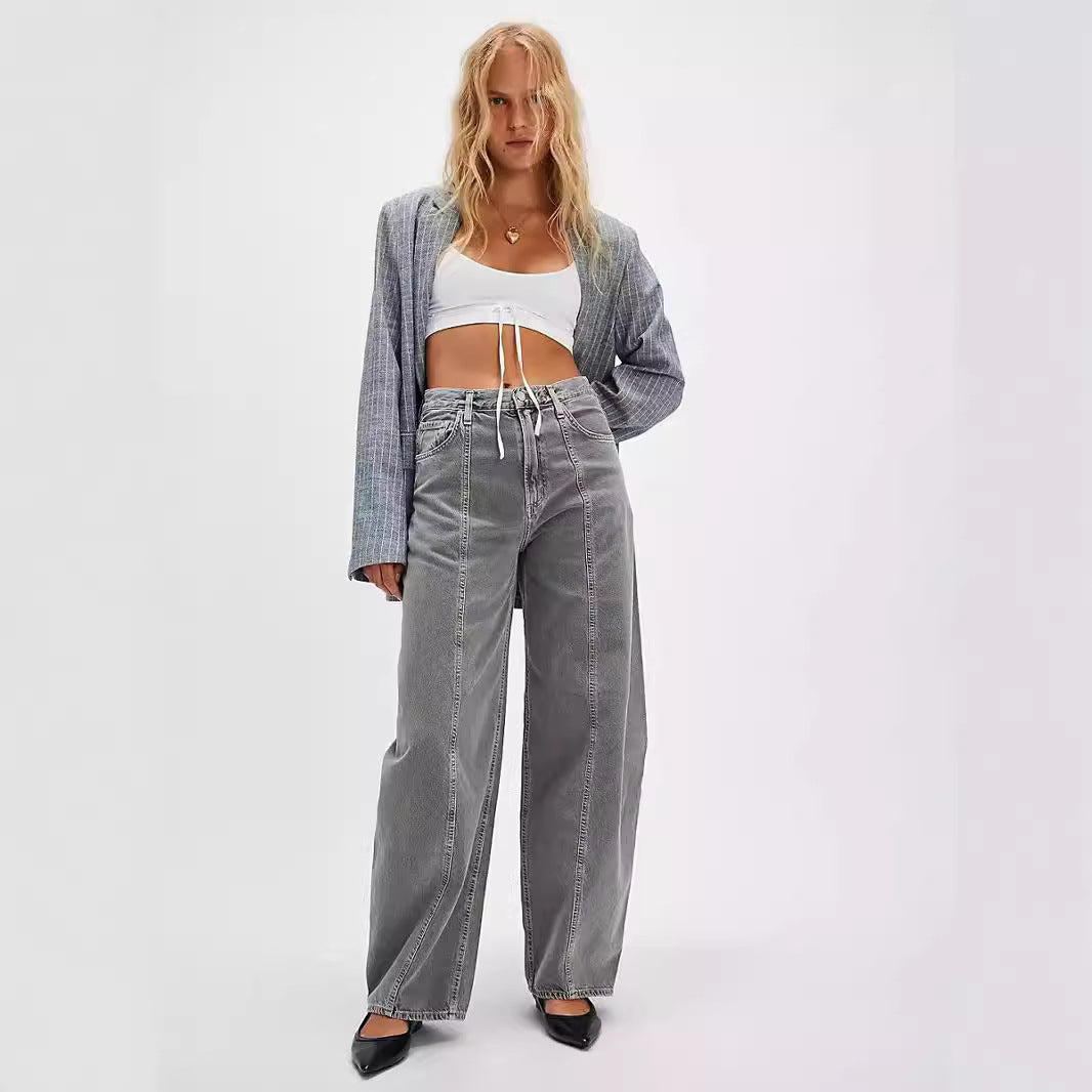 Loose wide leg pants washed denim jeans for women