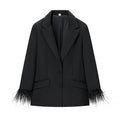 Chic Feather-Embellished Jacket &amp High-Waisted Pants SetStyle Women's Fashion Outfit
