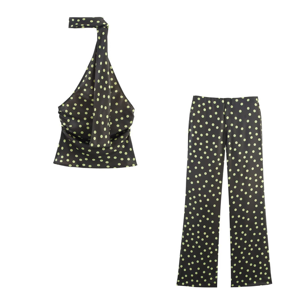 Sleeveless hanging neck collar top+flared pants