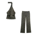 Sleeveless hanging neck collar top+flared pants
