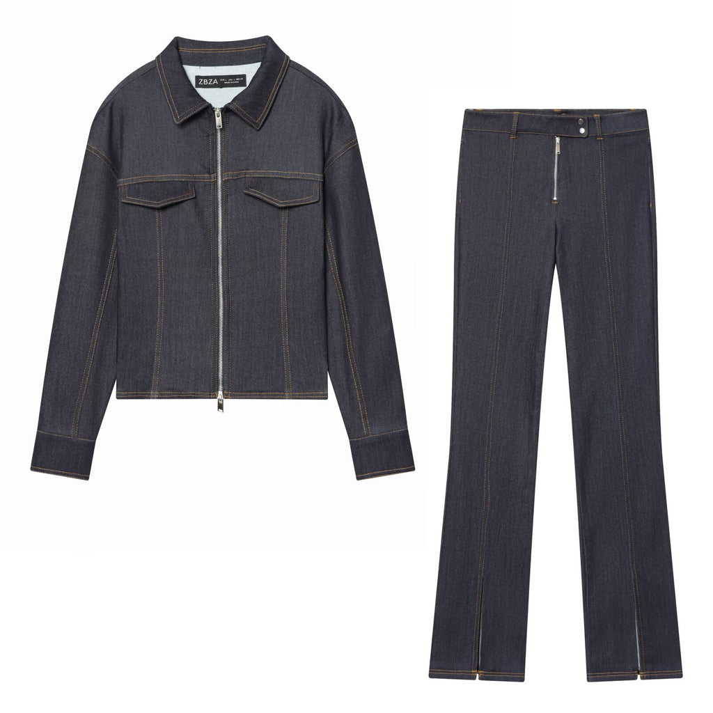 Fitted Denim Jacket with Mid-Waist Fitted Jeans for Women