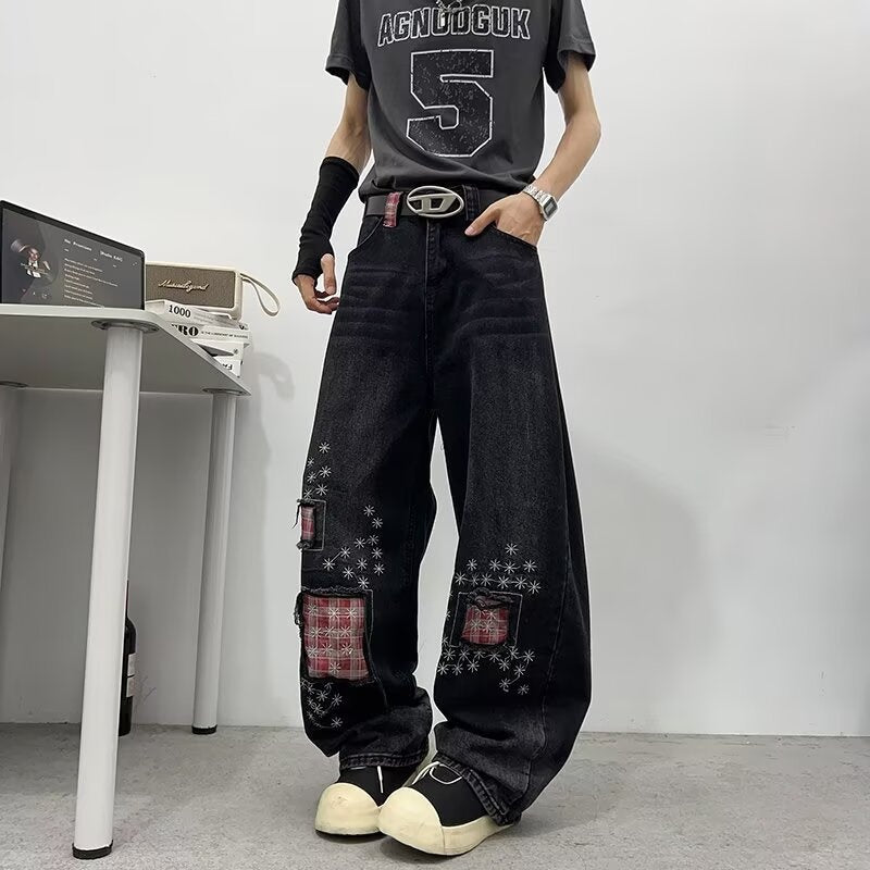 Vintage distressed patch embroidered jeans