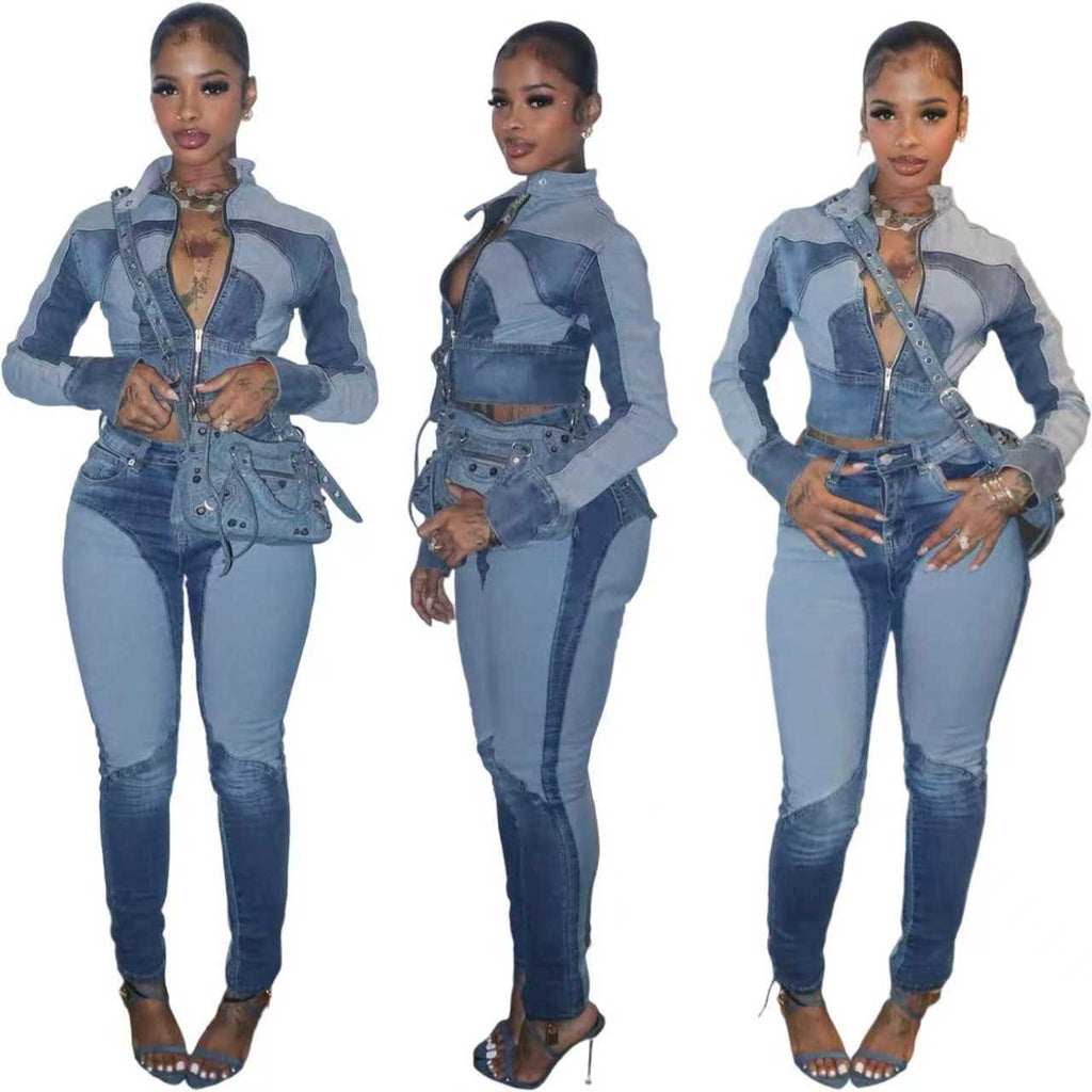 Fashionable Sexy High-ElasticWashed Denim Casual Two-Piece Set for Women