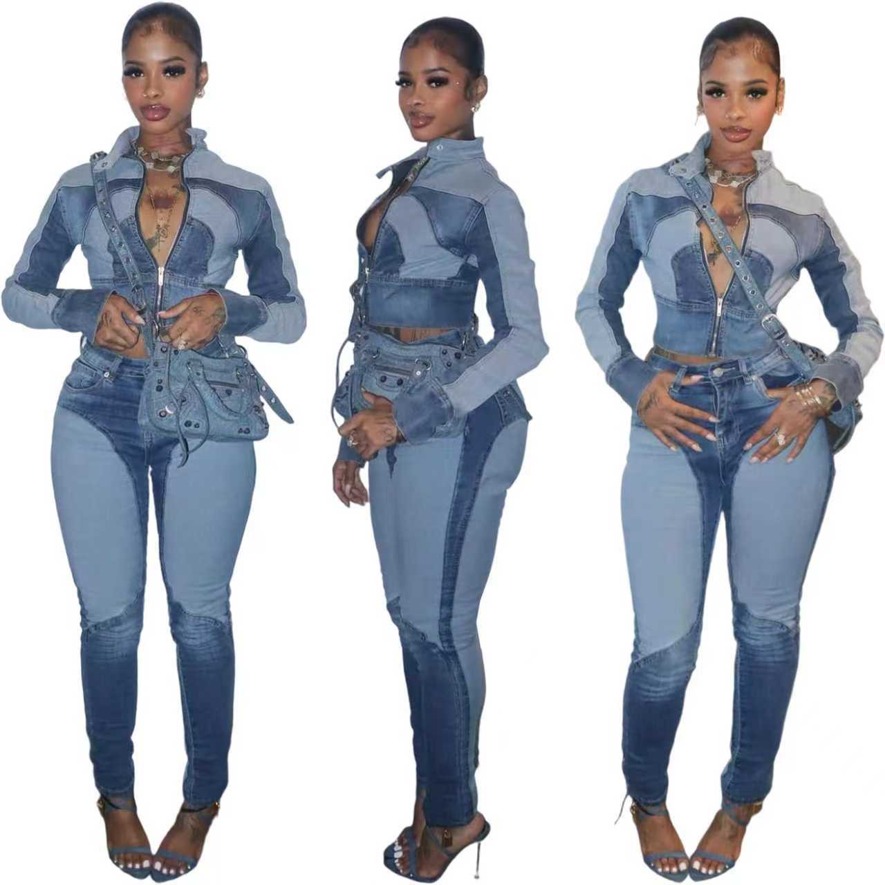 Fashionable Sexy High-ElasticWashed Denim Casual Two-Piece Set for Women