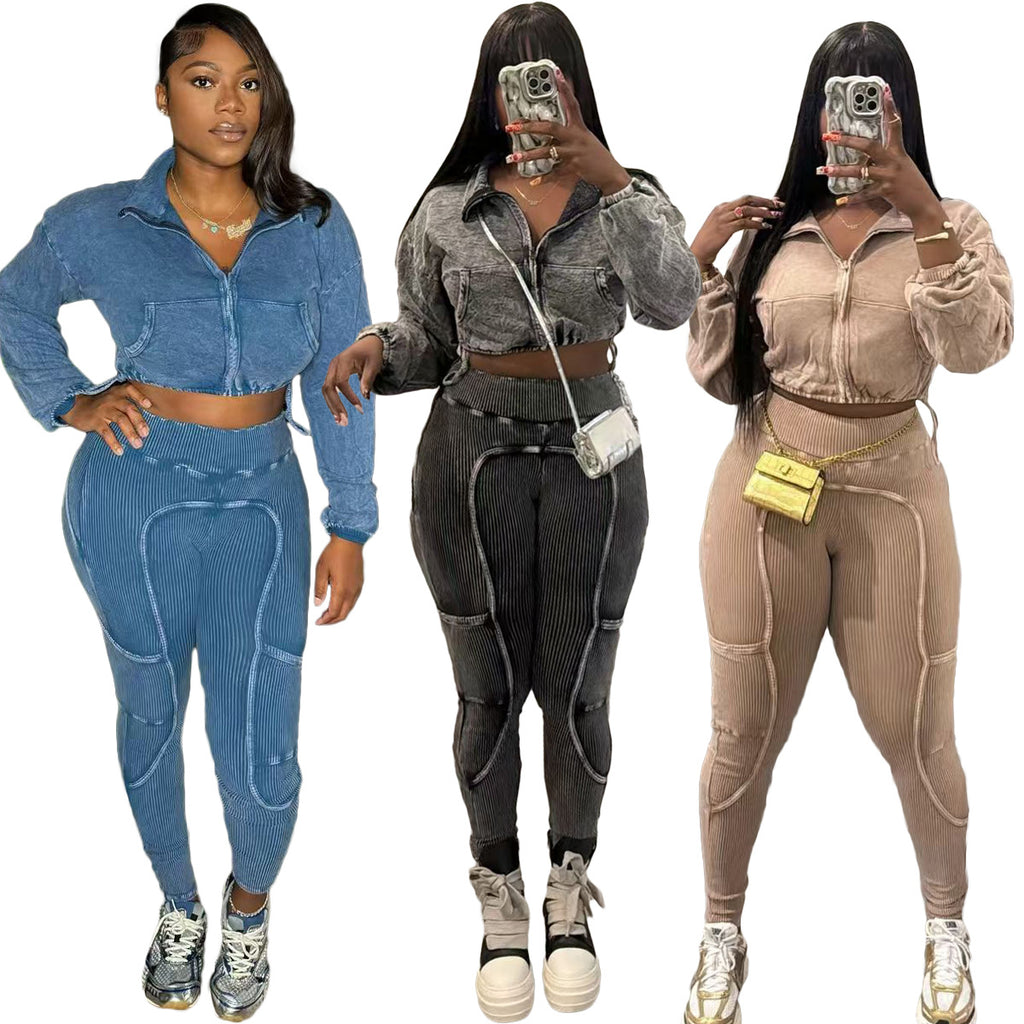 Casual Fashion Washed Tie-Dye Patchwork Set for Women