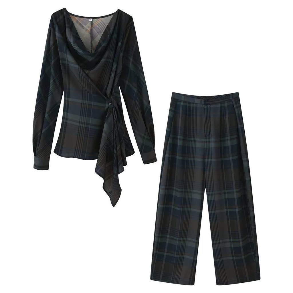 Style Women's Fashion Checkered Pleated Top and Balloon Pants