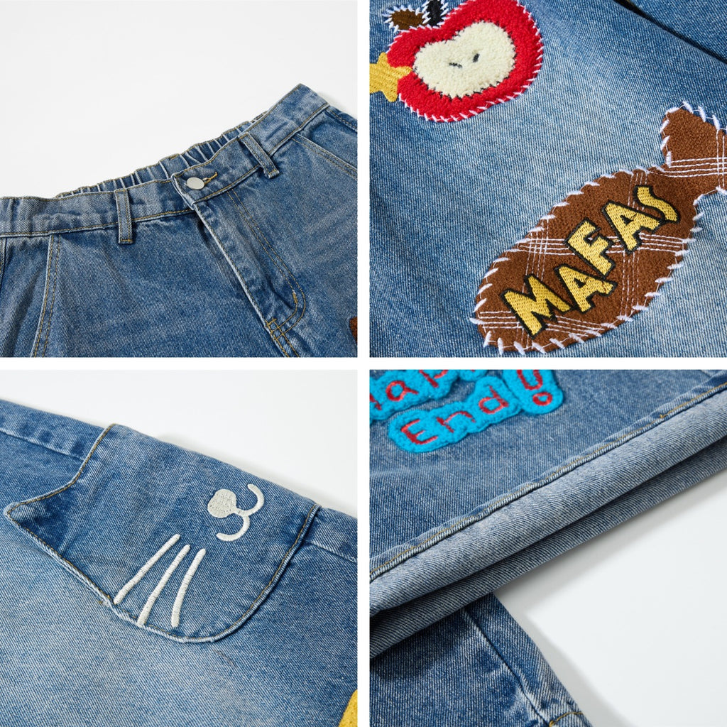Fun Cartoon Washed Multi-Pocket Design Wide-Leg Jeans