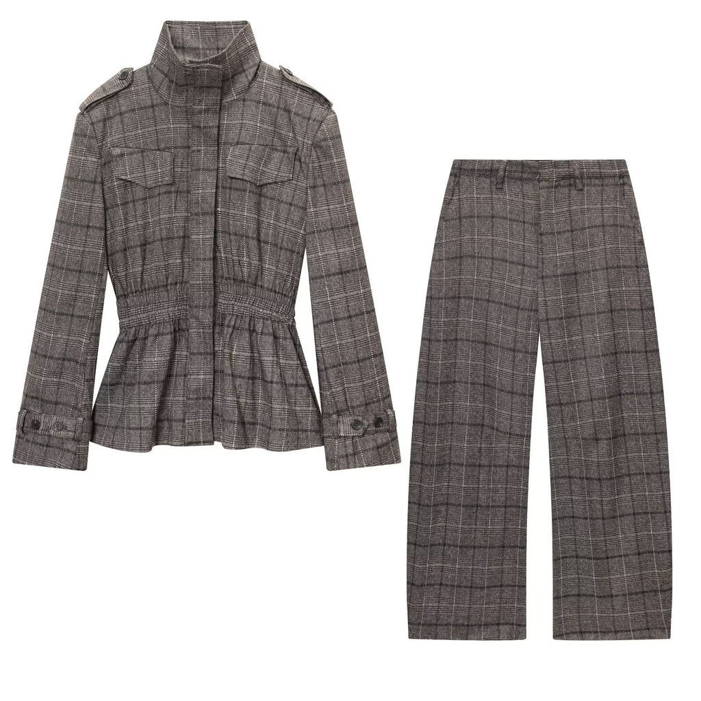 Grid patterned lotus leaf hem jacket+balloon version pants