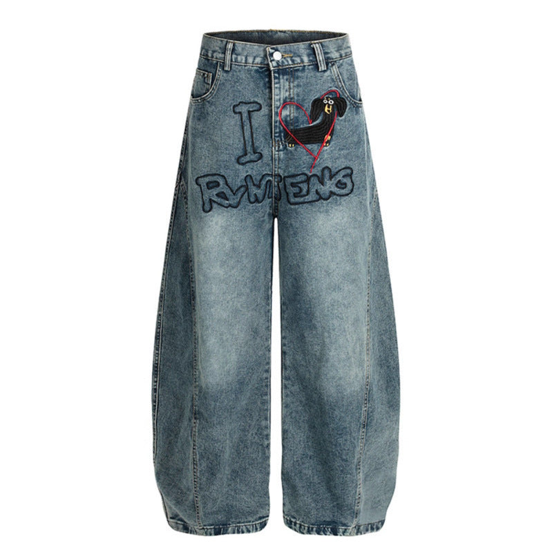Embroidered wide leg curved knife jeans