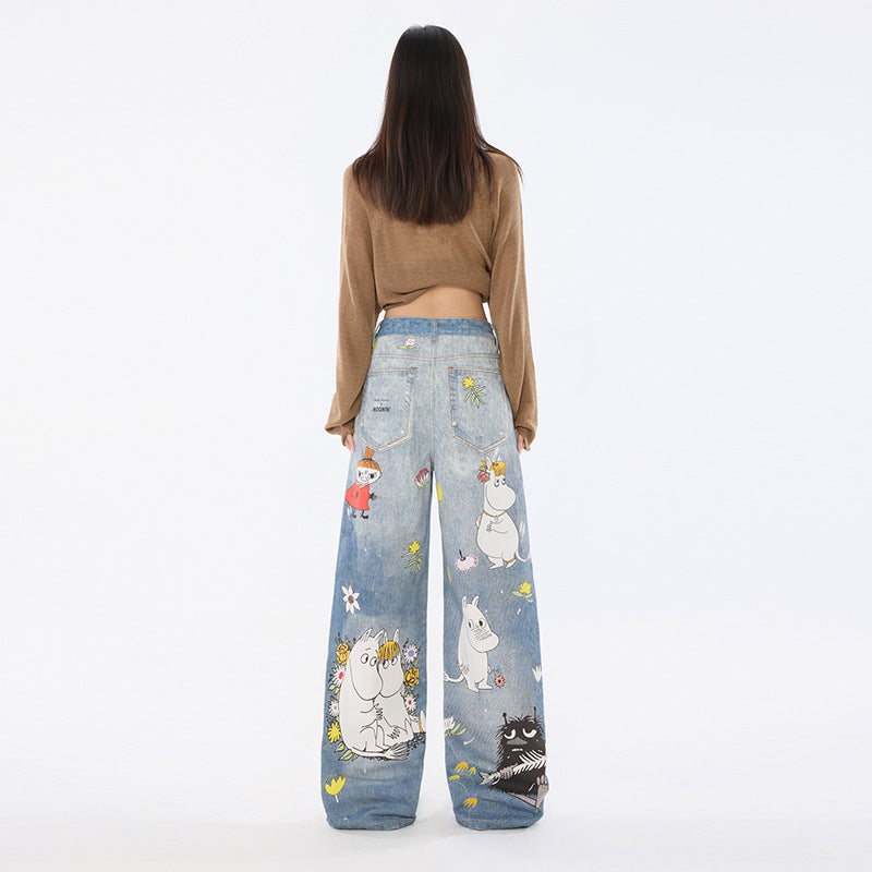 Women's Cartoon Wide-Leg Jeans Unique Design Loose Straight Pants