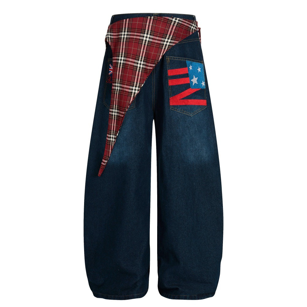 Checkered fart curtain curved knife jeans
