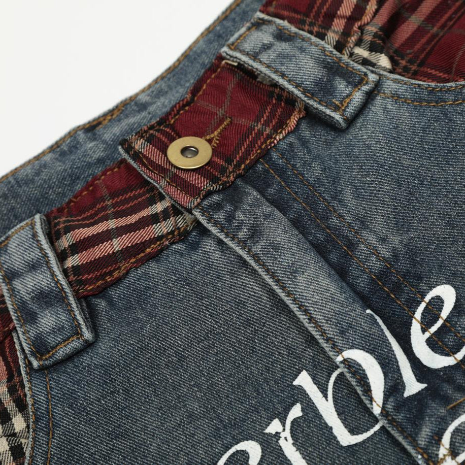 Vintage checkered patchwork letter printed jeans