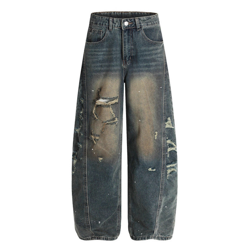 Washed distressed wide leg jeans