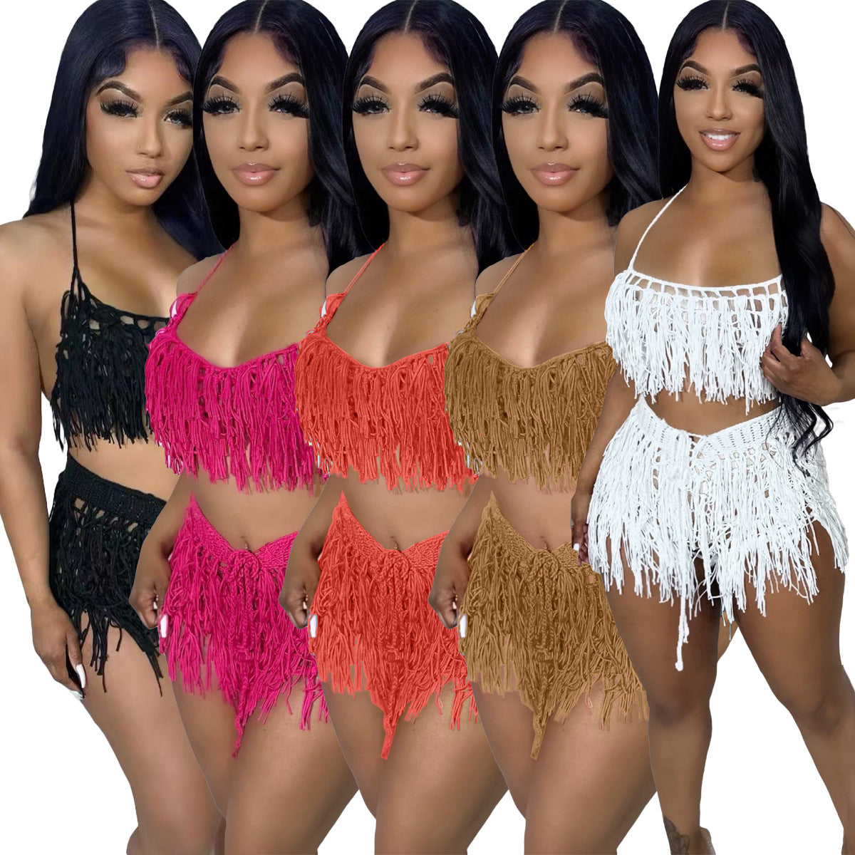 Urban Fashion Sexy Sheer Knitted Hand-Knit Tassel Beach Shorts Set