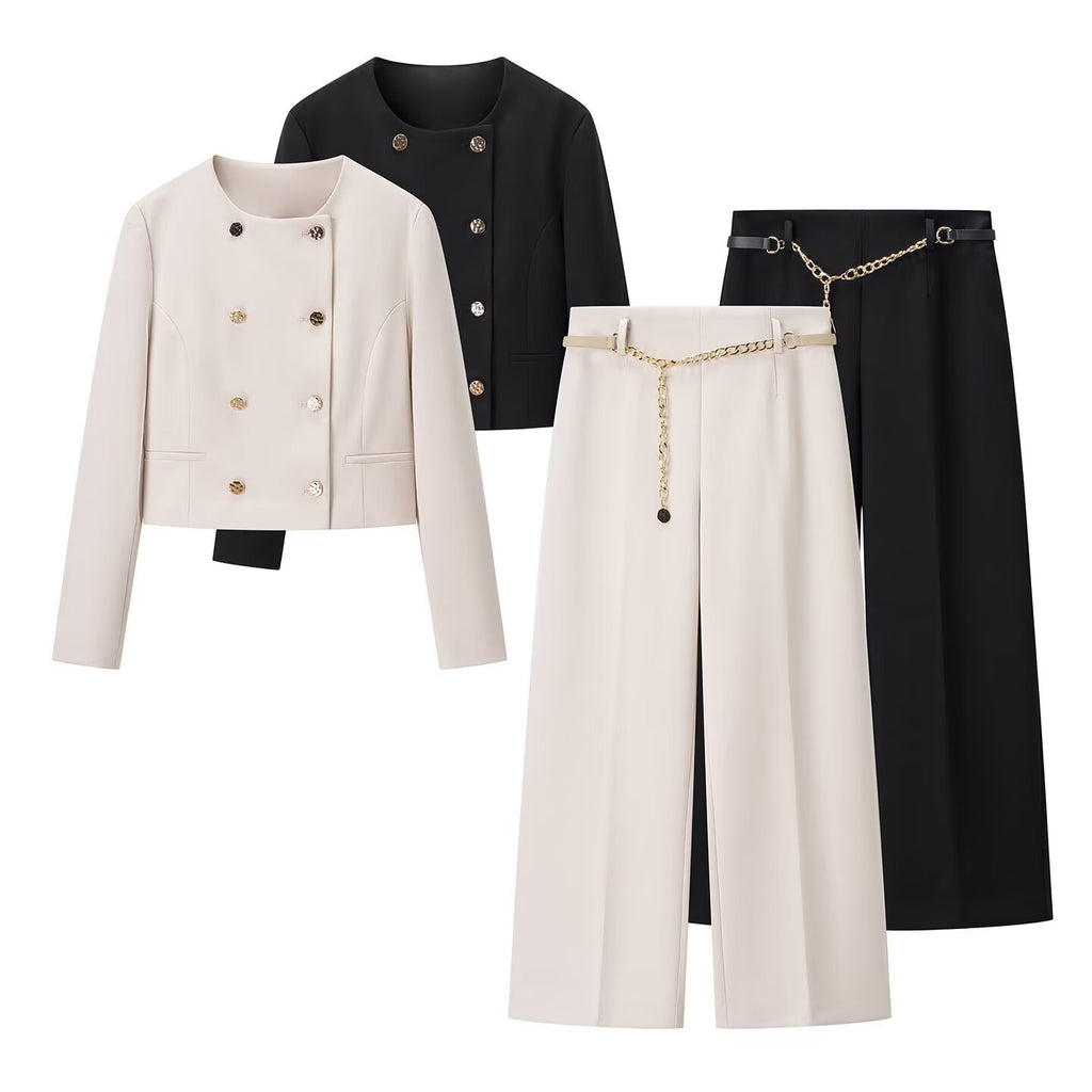 Double-Breasted Long Sleeve Notch Lapel Short Cut Suit Jacket with Chain Belt and Ankle Pants