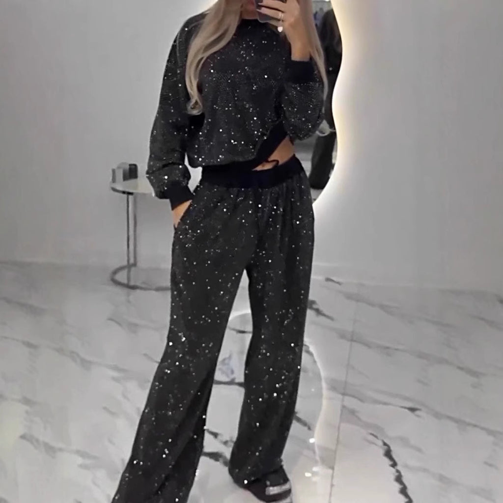 Style Autumn Winter Women's Starry Sky Long Sleeve Round Neck Loose Top with Drawstring Wide Leg Two-Piece Set