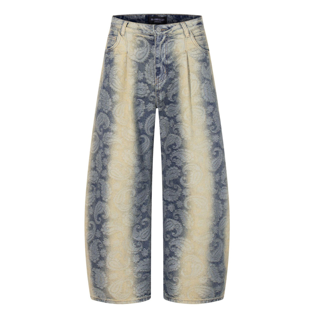 Jacquard gradient washed denim jeans with curved edges and wide legs