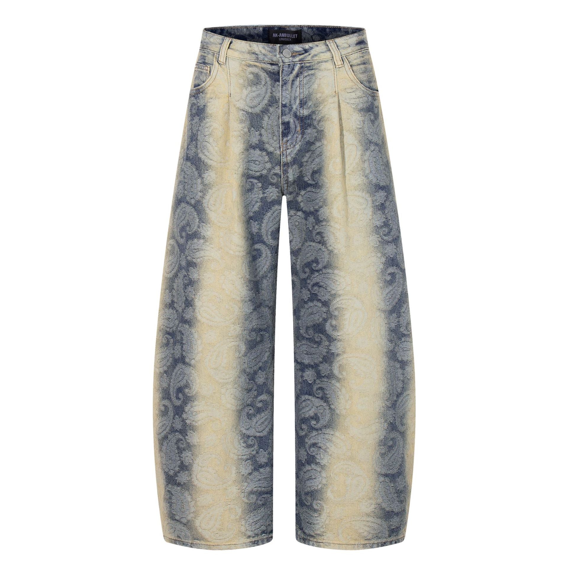 Jacquard gradient washed denim jeans with curved edges and wide legs