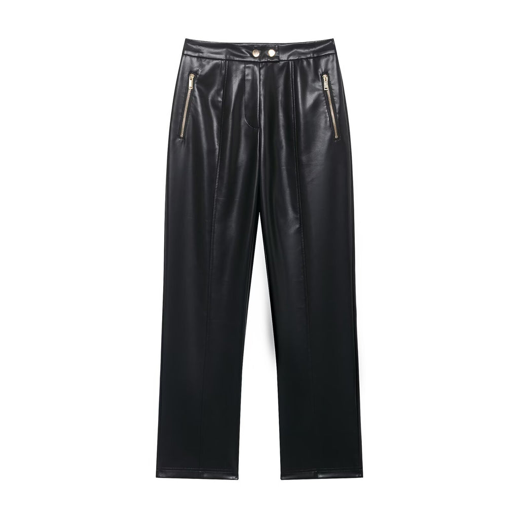 Imitation leather jacket+flared pants women's clothing