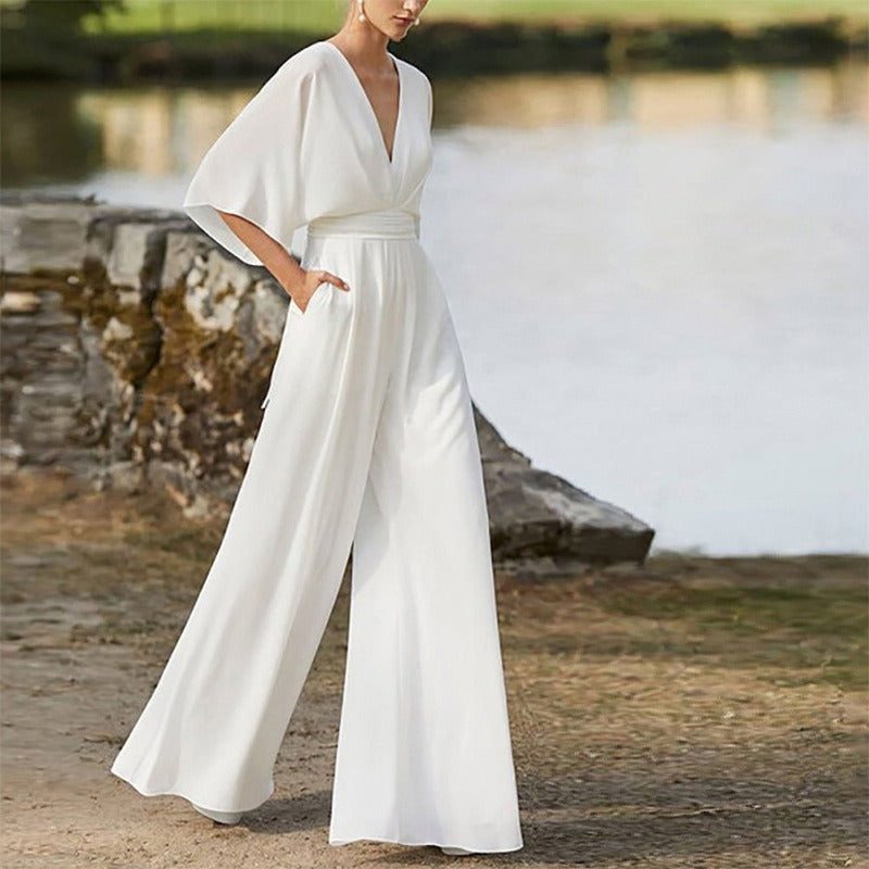 Jumpsuit deep V-high waist wide leg long pants women's dress
