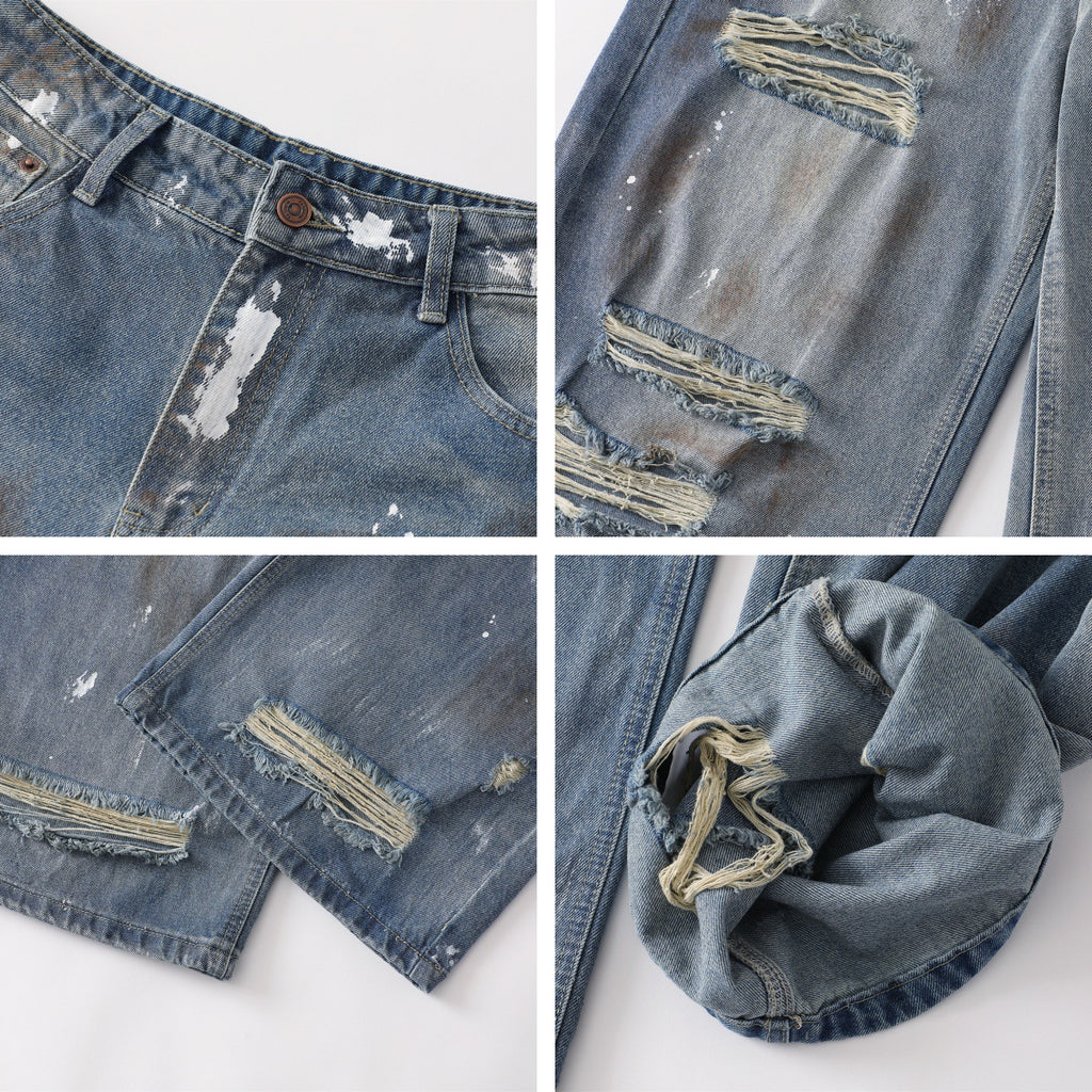 Mud stained denim jeans with holes