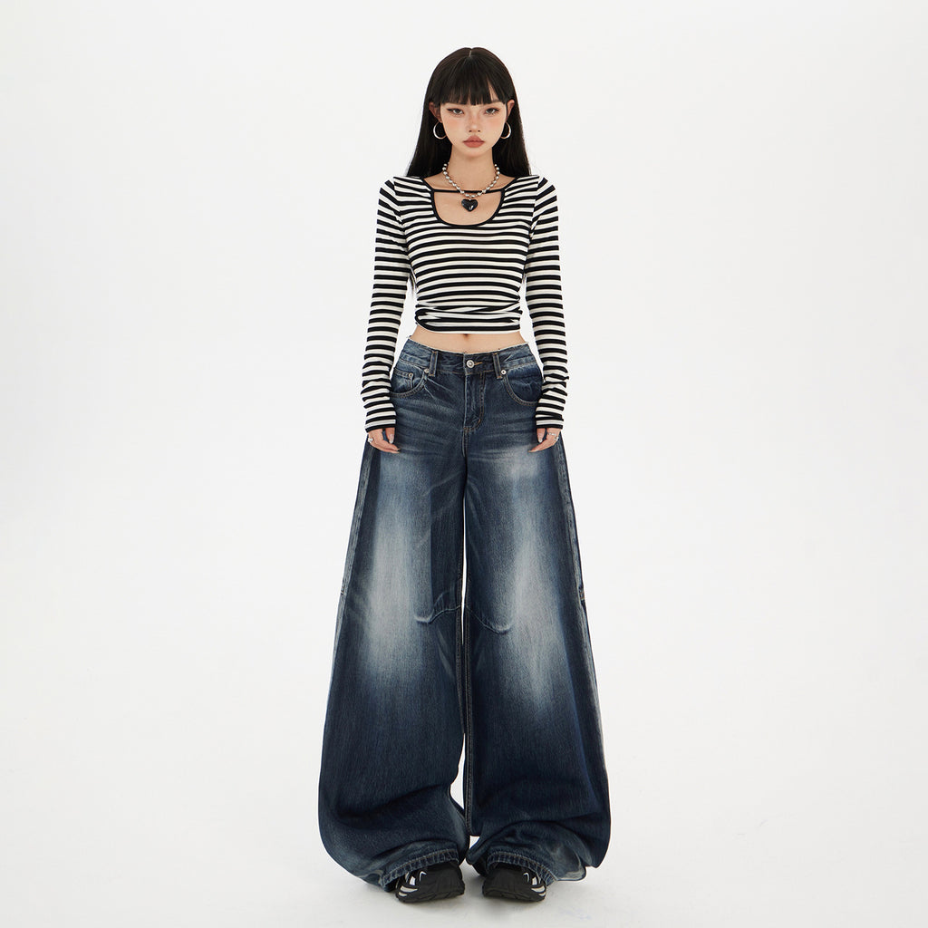 Women's Wide-Leg Jeans Washed Blue Pear-Shaped Slant Pants