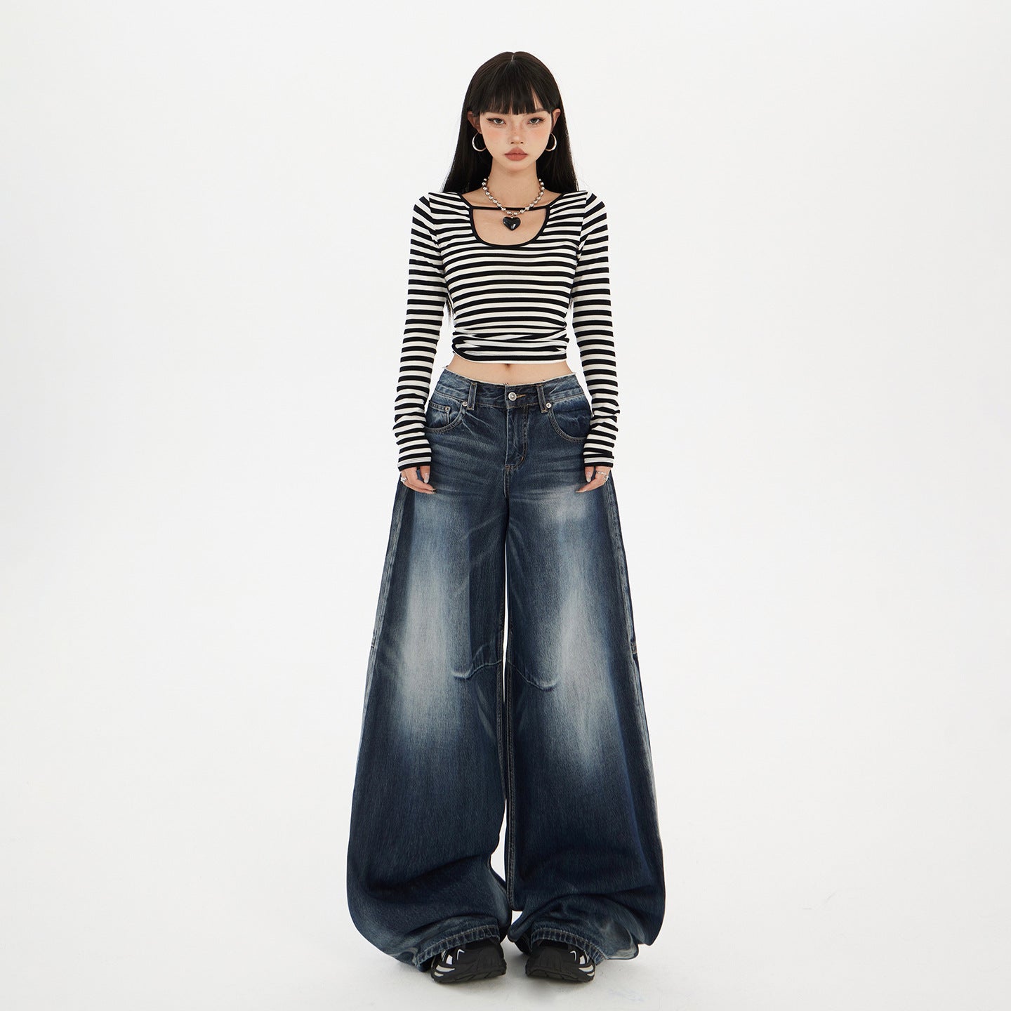 Women's Wide-Leg Jeans Washed Blue Pear-Shaped Slant Pants
