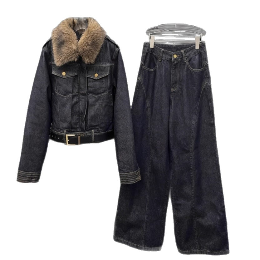 Short cotton jacket+jeans two-piece set