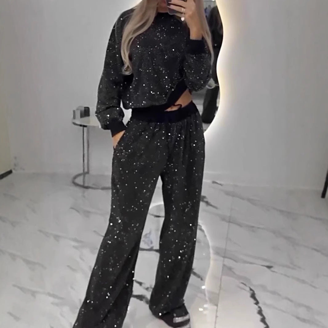 Style Autumn Winter Women's Starry Sky Long Sleeve Round Neck Loose Top with Drawstring Wide Leg Two-Piece Set