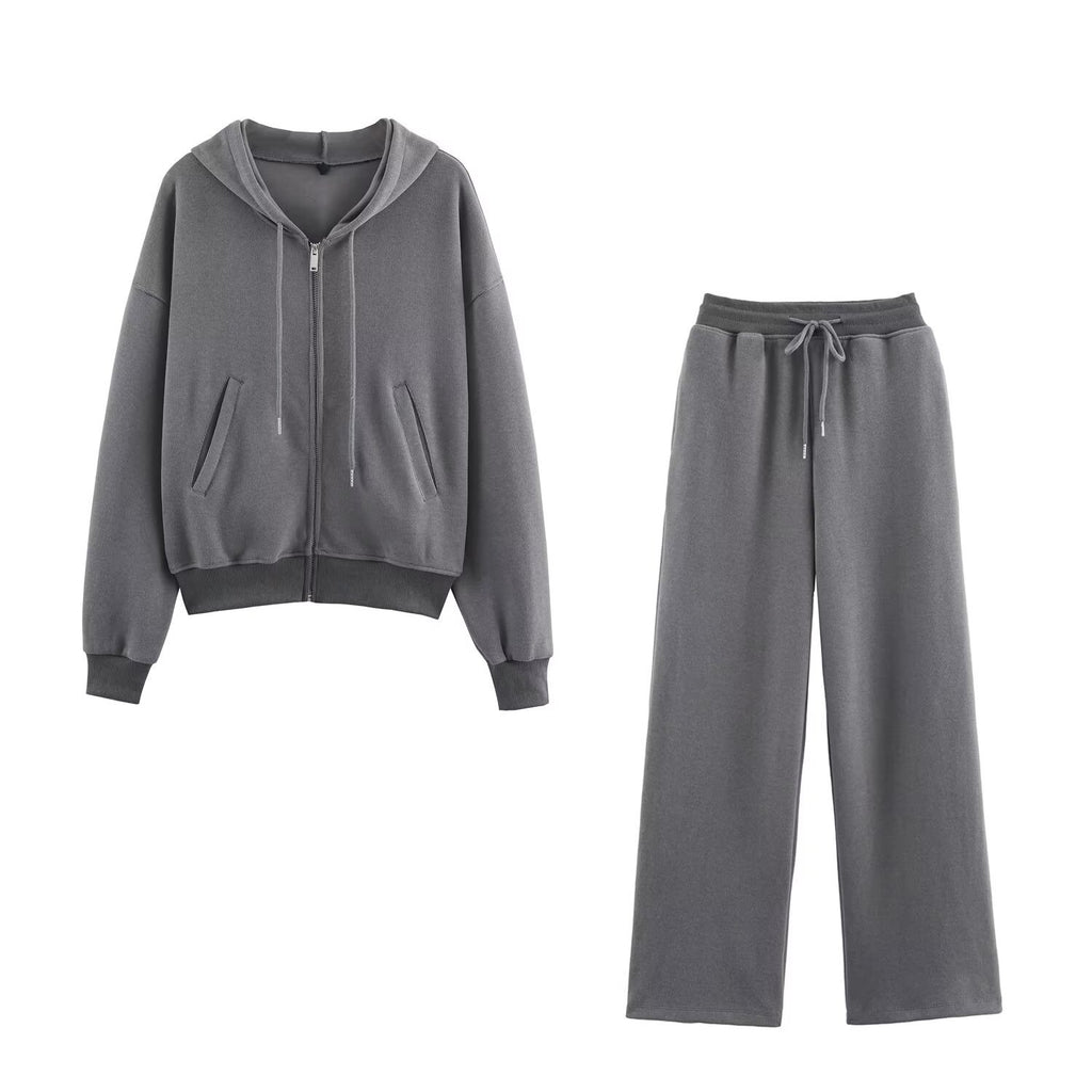 Ribbed hooded sweatshirt+straight leg pants