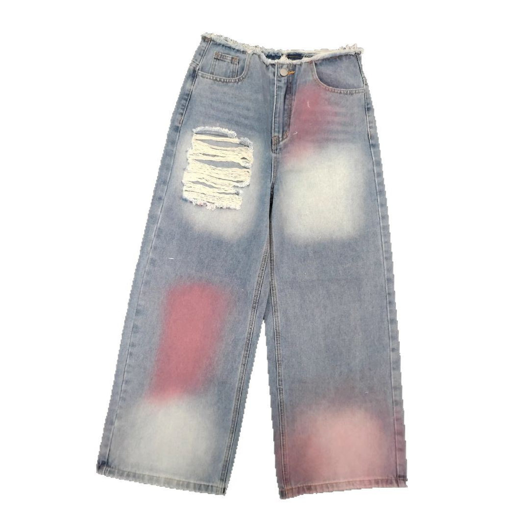 Tie dye ripped straight leg micro flared pants casual jeans